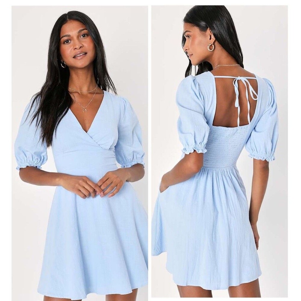 Lulus Dreaming of Paris Blue Puff Sleeve Mini Dress Pockets Size Small Coastal